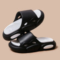EVA thick-soled two-colour slippers for couples with leather lining shown in pink purple, white green, and black white colour options.