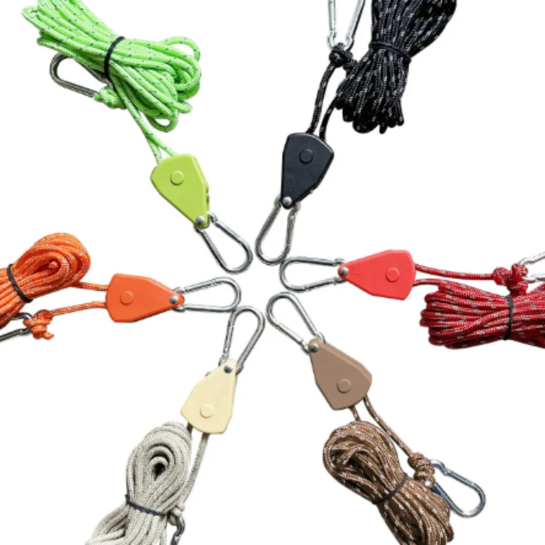 Tent guy rope with pulley adjuster, 4mm nylon cord, 4M or 5M, Army Green or Coffee.