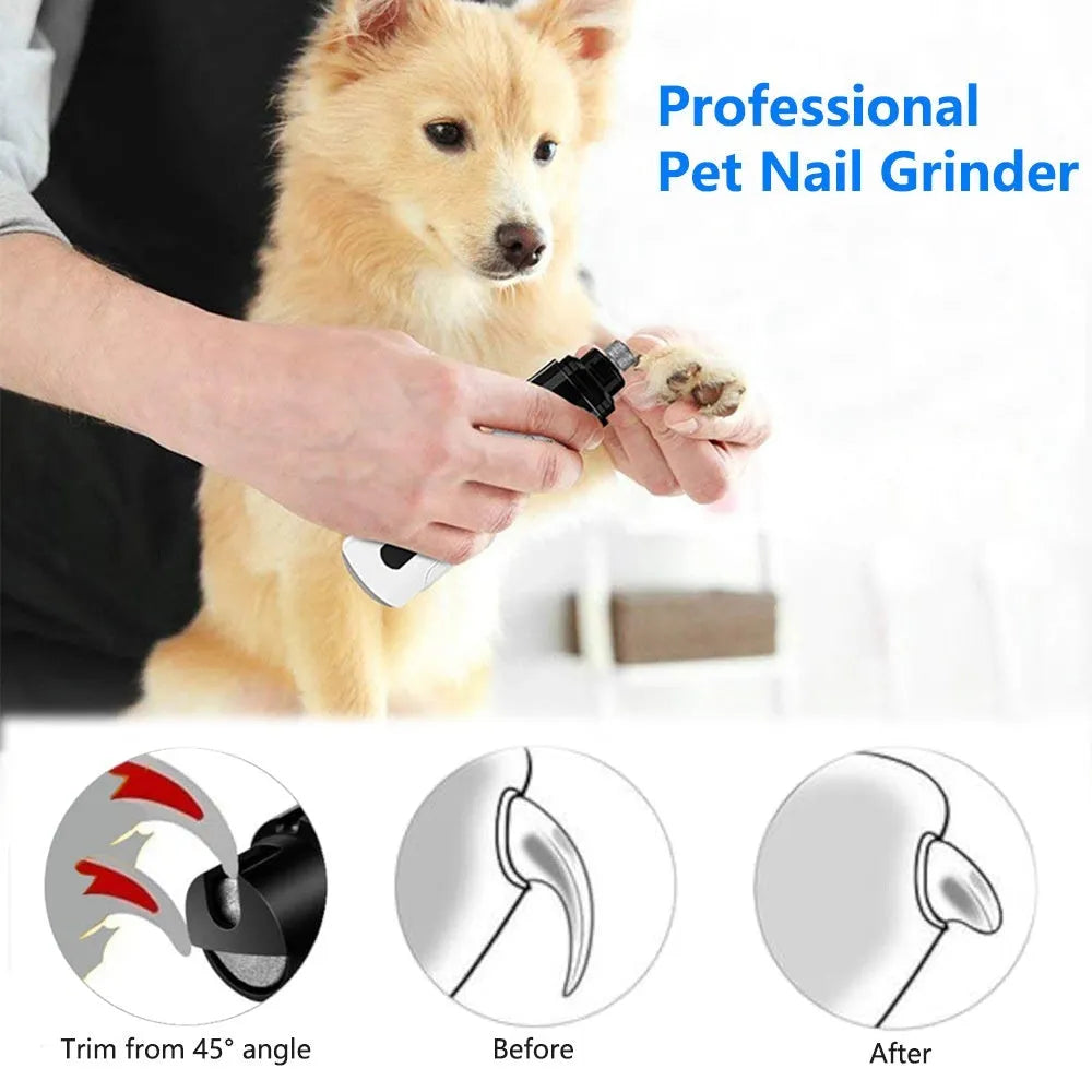 Electric dog nail grinder with LED indicators showing 3-speed settings and dust collection port