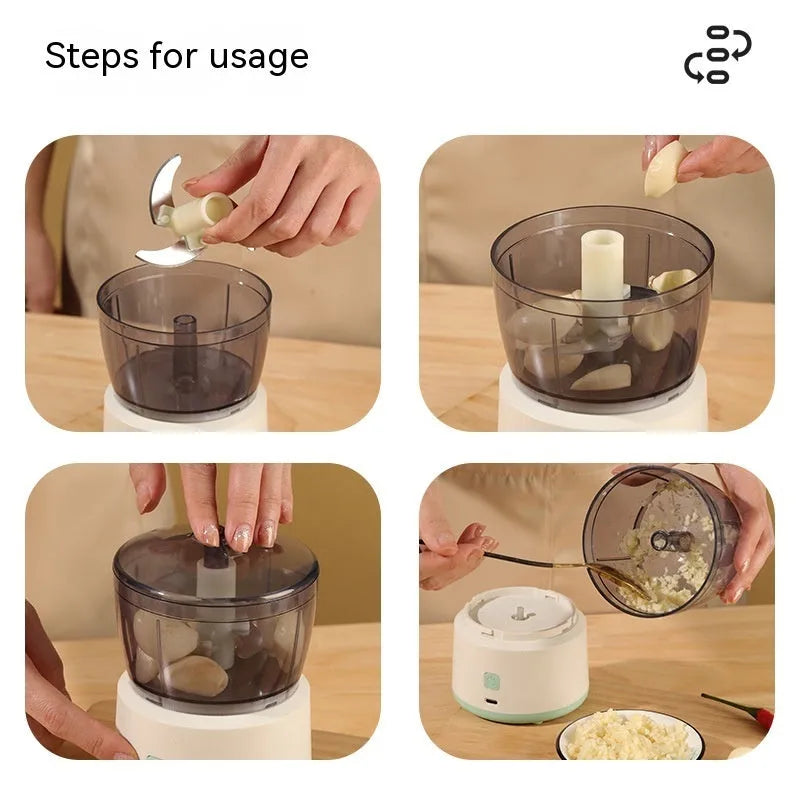 White or light green mini electric meat grinder with transparent cup on anti-slip base