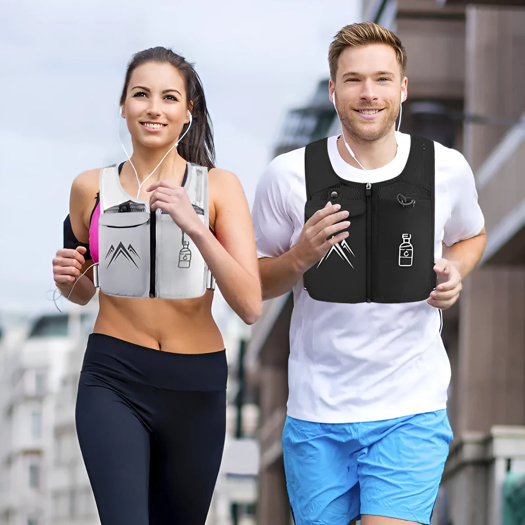 Breathable mesh running vest with integrated phone compartment showing front and back views