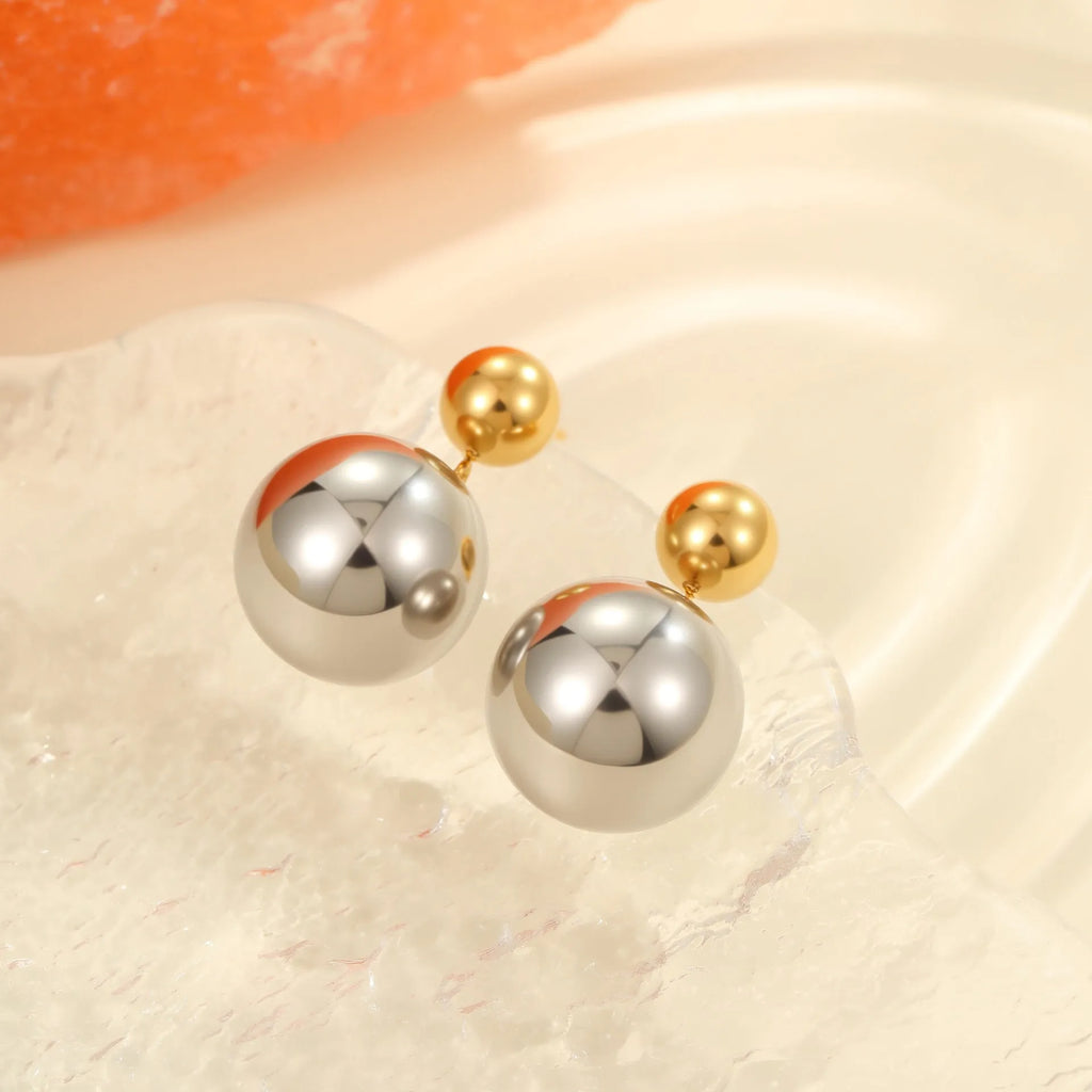 Round bead stainless steel colour-block ear studs with geometric design and 18K electroplating