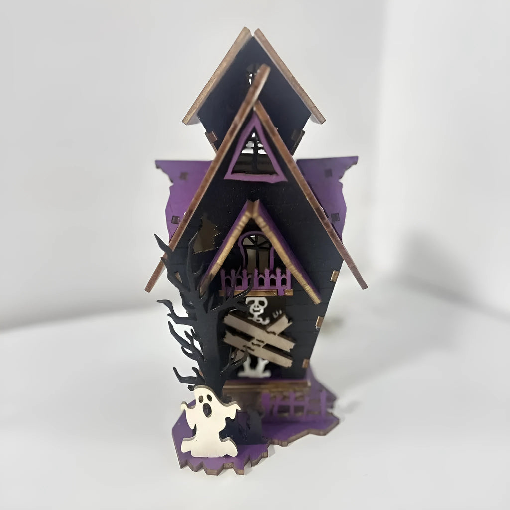 Wooden glowing haunted house Halloween table decoration with candlestick holder function.