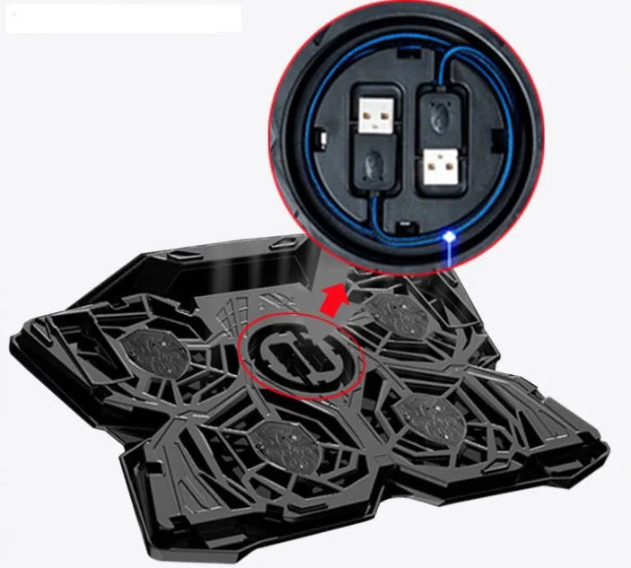 Blue laptop cooling base with four LED fans and two USB ports visible on the side