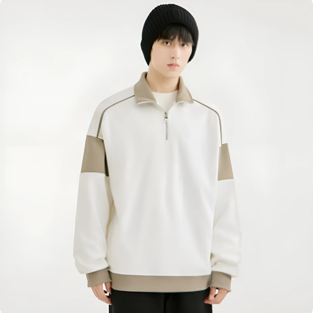 Men's black hooded corduroy pullover sweater with drop shoulders and rabbit fur fabric
