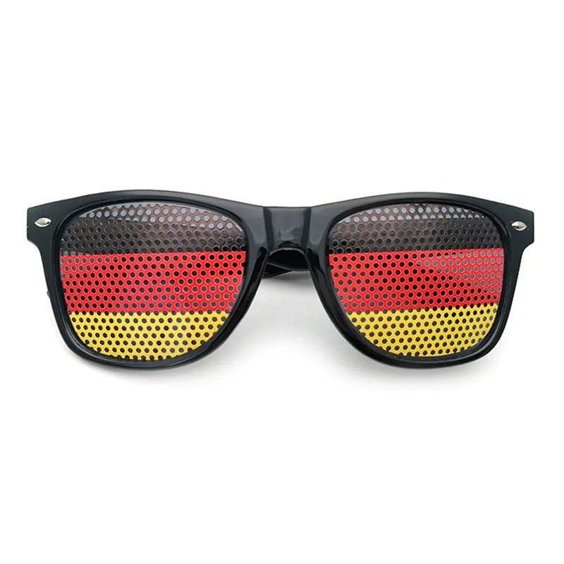 Flag sticker sunglasses with small hole sticker design for party gatherings, shown in a country flag style.