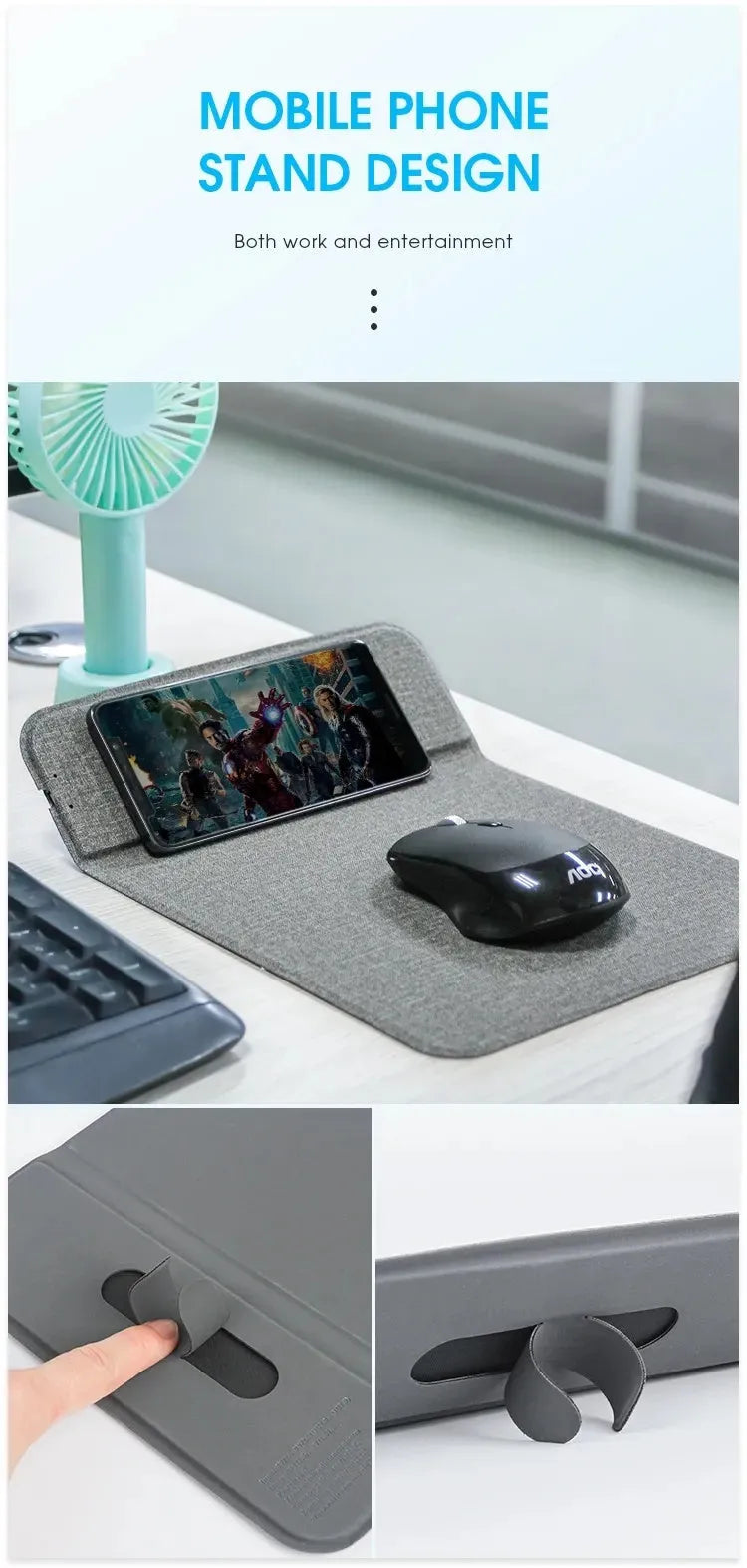Foldable cloth wireless charging phone holder stand showing charging specs: 5W/10W, 8mm distance.