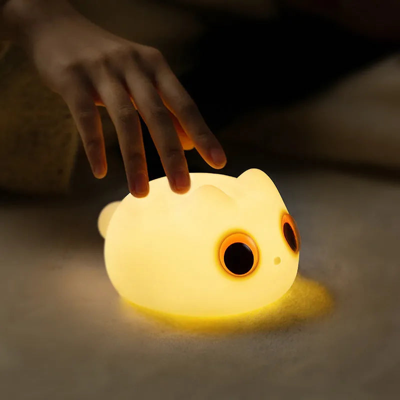 Cat silicone night light, small tangerine or white, with USB charging cable and 20-minute timer