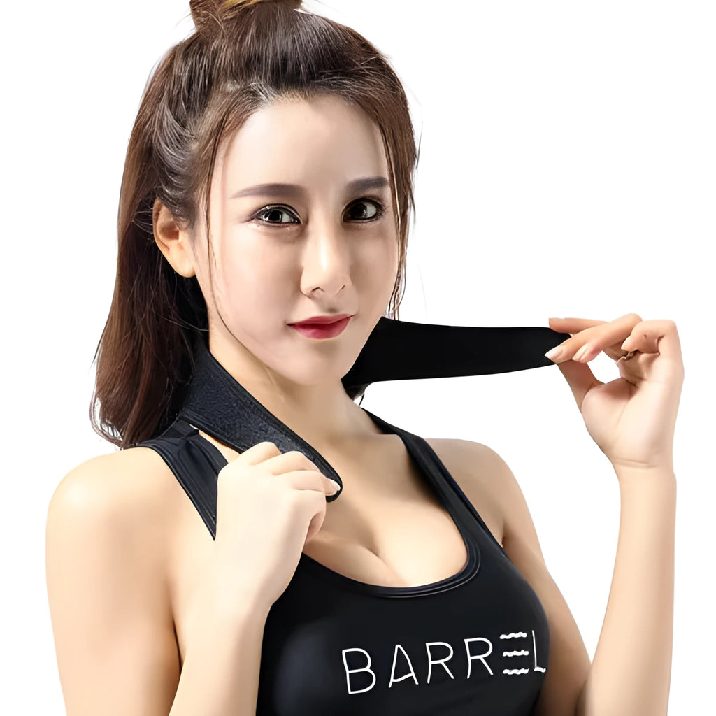 Black self-heating magnetic neck guard with adjustable shoulder strap laid flat.