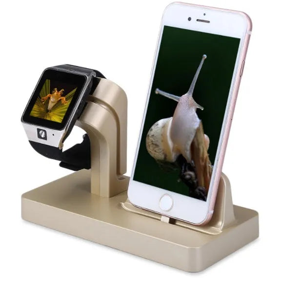 White 2-in-1 desktop charging dock holding an iPhone and an Apple Watch.