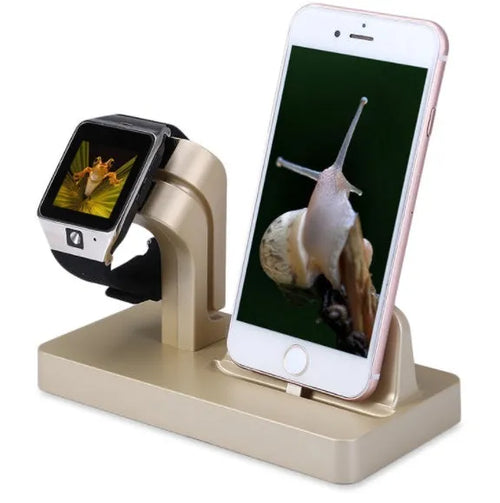 White 2-in-1 desktop charging dock holding an iPhone and an Apple Watch.