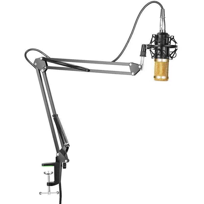 BM-800 condenser microphone stand set in various colours on a desktop