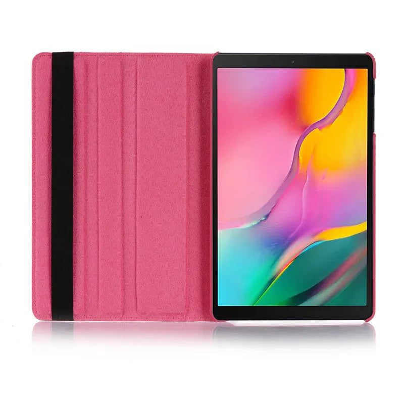 Rotating clamshell iPad protective sleeve in imitation leather, shown in rose red colour.