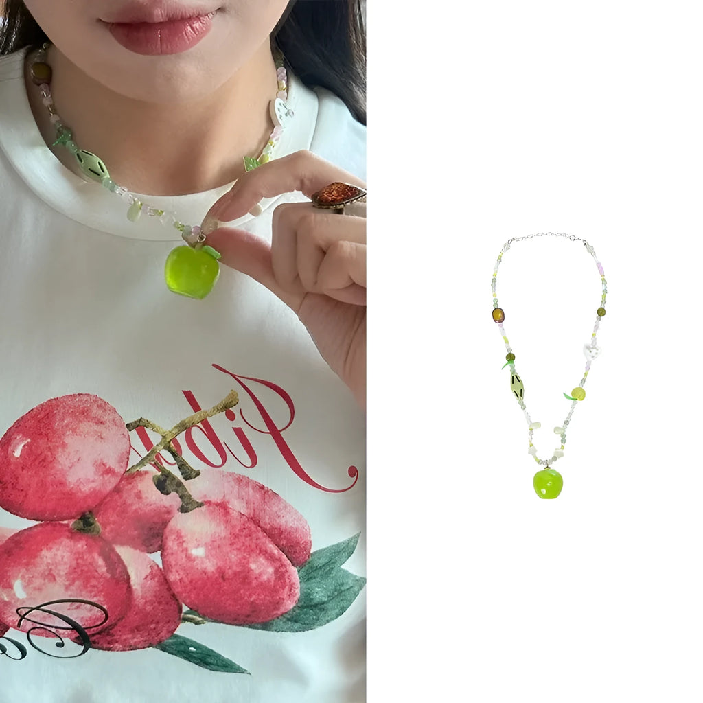Beaded pendant necklace clavicle chain green apple green colour alloy resin colourful little flower option vacation style