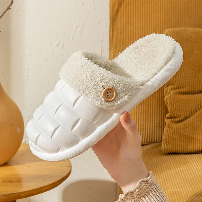 Women's detachable plaid slippers with plush lining and EVA anti-skid sole in multiple colours.