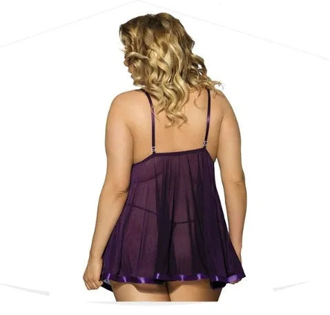 Women's purple polyester sleep dress with lace detailing and mesh panels in 6XL size