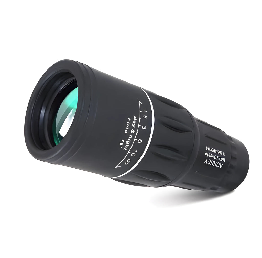 Black 16x52 high-power monocular with roof prism system, shown at 145mm length.