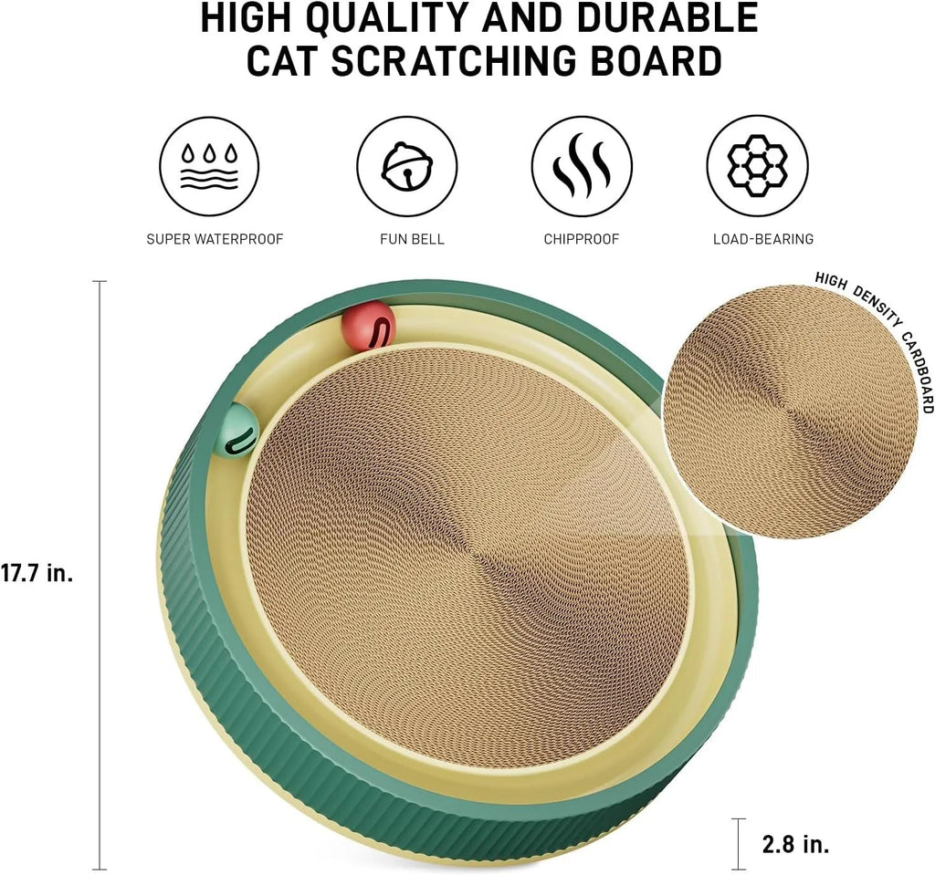 Large green circular cat scratching board with integrated moving ball toys and a spring plush ball.