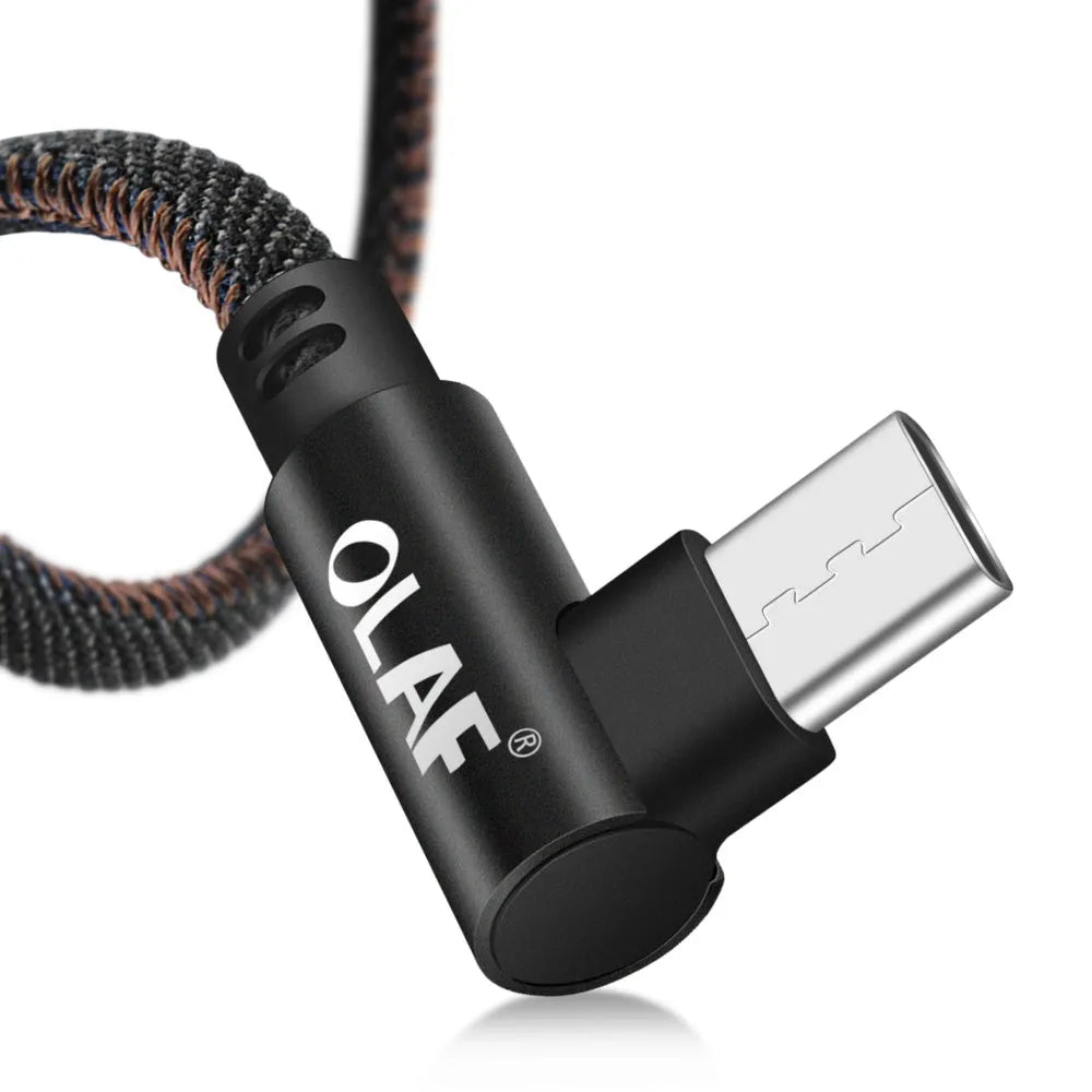 USB charging cable with denim wrapping and aluminium connectors in multiple colour options