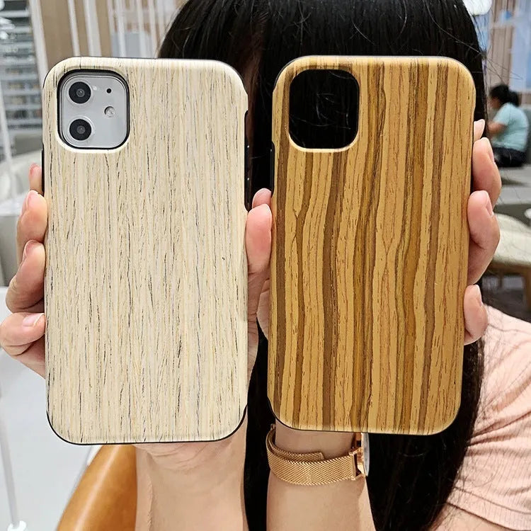 Natural wood back cover case for iPhone showing rosewood and teak colour options.