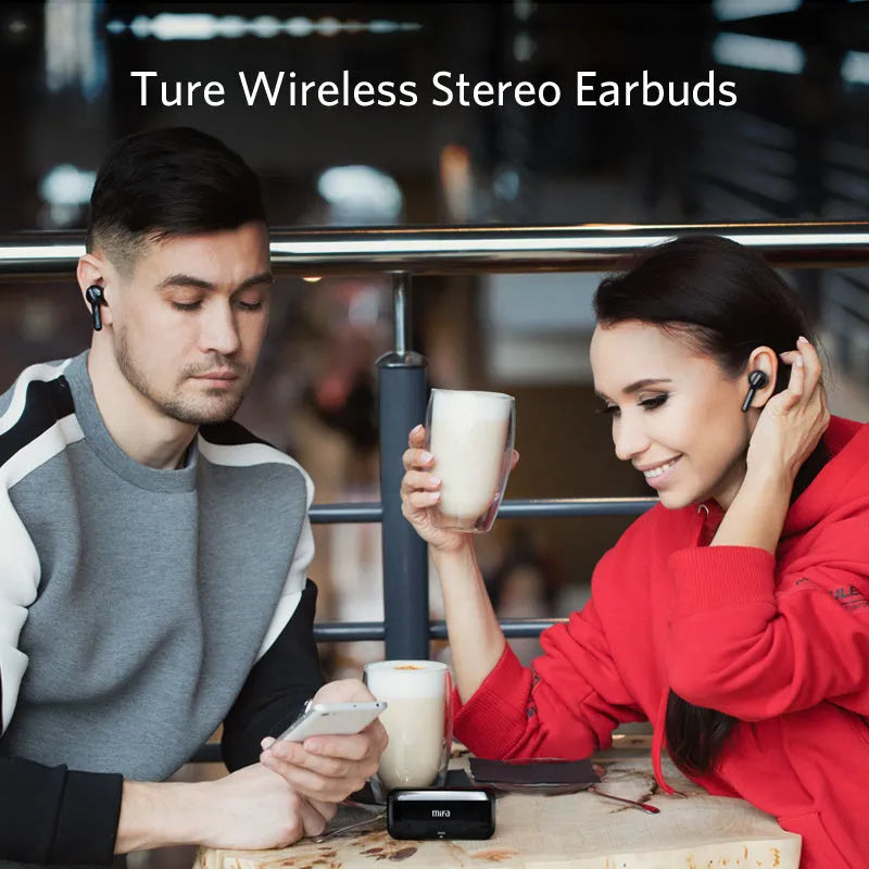 Black and white TWS wireless earbuds with Bluetooth 5.0 connectivity