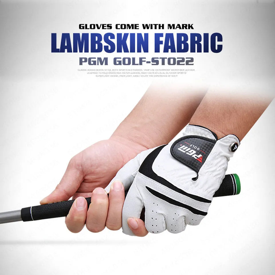Summer thin golf glove in real sheepskin leather with anti-skid particles, breathable pores, and Velcro closure.