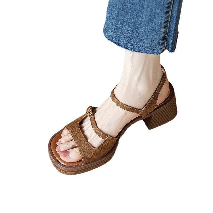 Women's open toe square toe platform sandals in retro style with PU leather upper