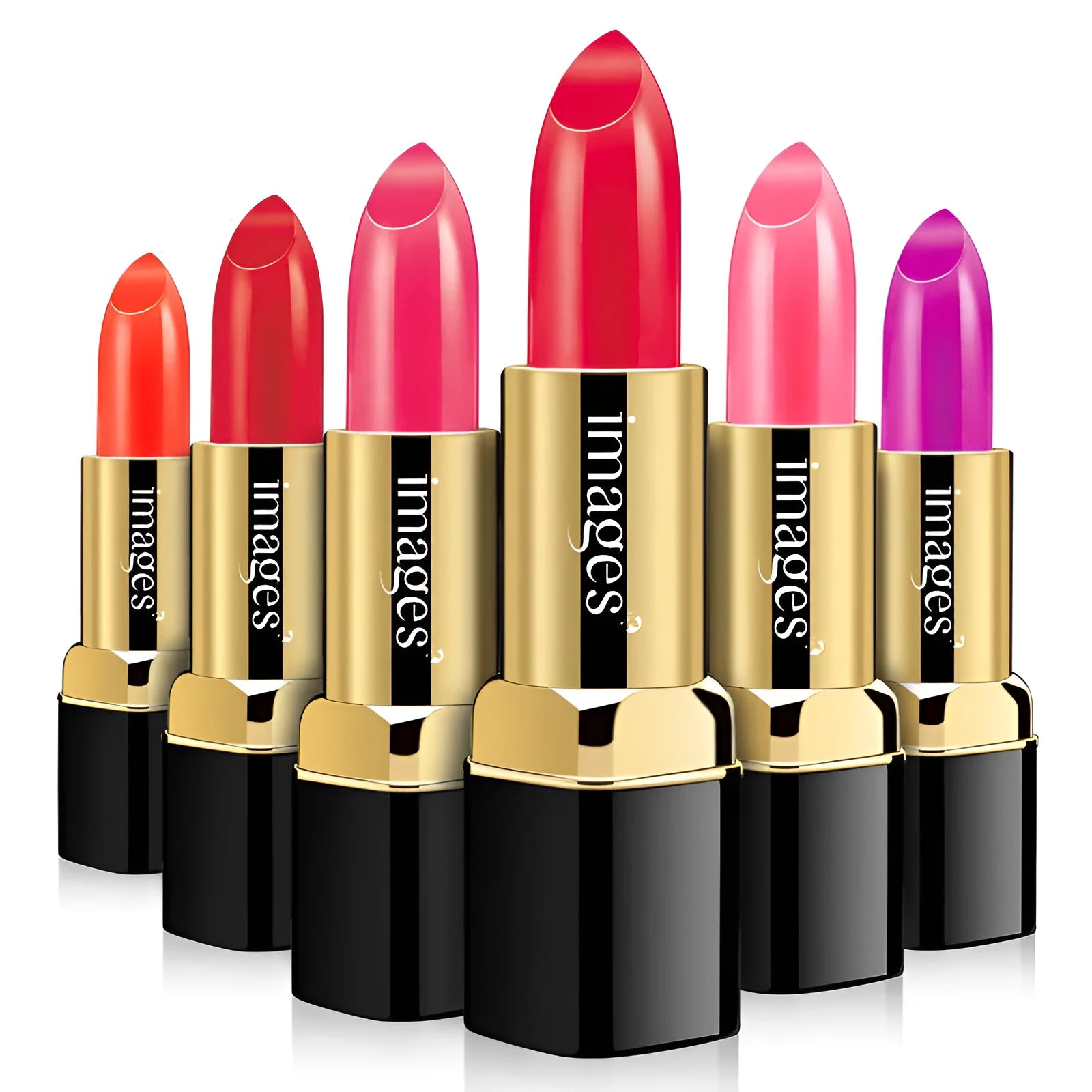 Moisturising lipstick lip gloss stick in a case with 10 colour options shown, including coral red and retro red.