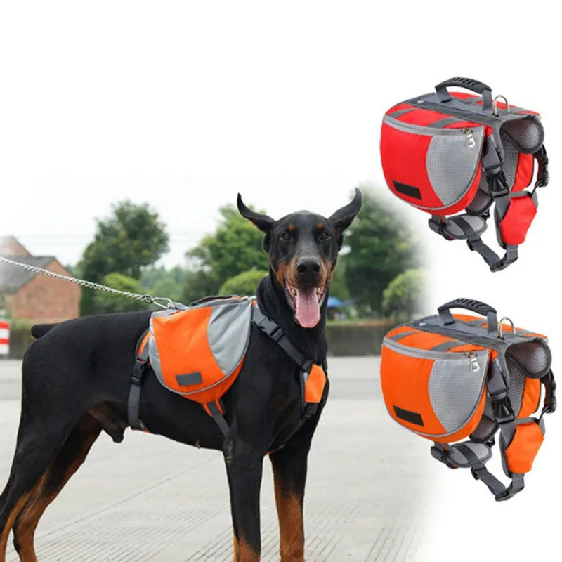 Dog hiking pack with adjustable neck, breathable mesh, reflective tape and large capacity in black