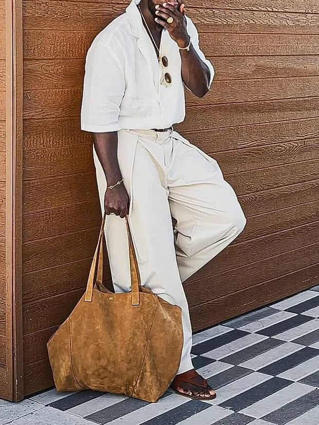 Men's white linen casual short-sleeved shirt, regular fit, plain design, sizes XS to 2XL.