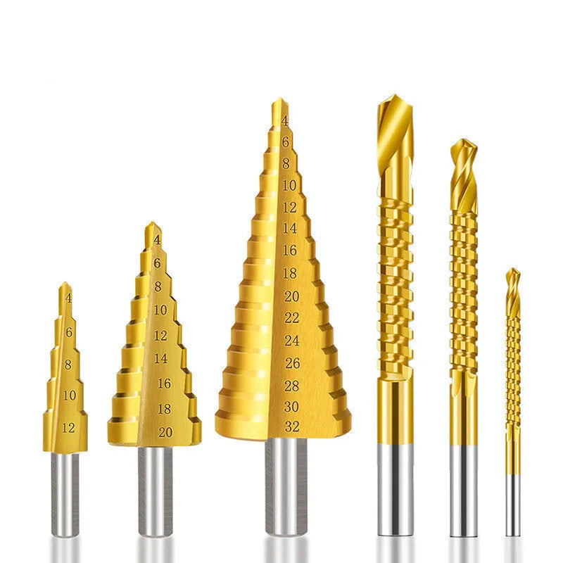 Cone drill bit punch set with high-speed steel step drills and centre punch in colour-coded options