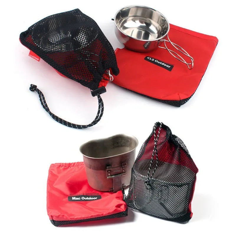 Set of five red outdoor travel storage bags with mesh panels and zipper closures