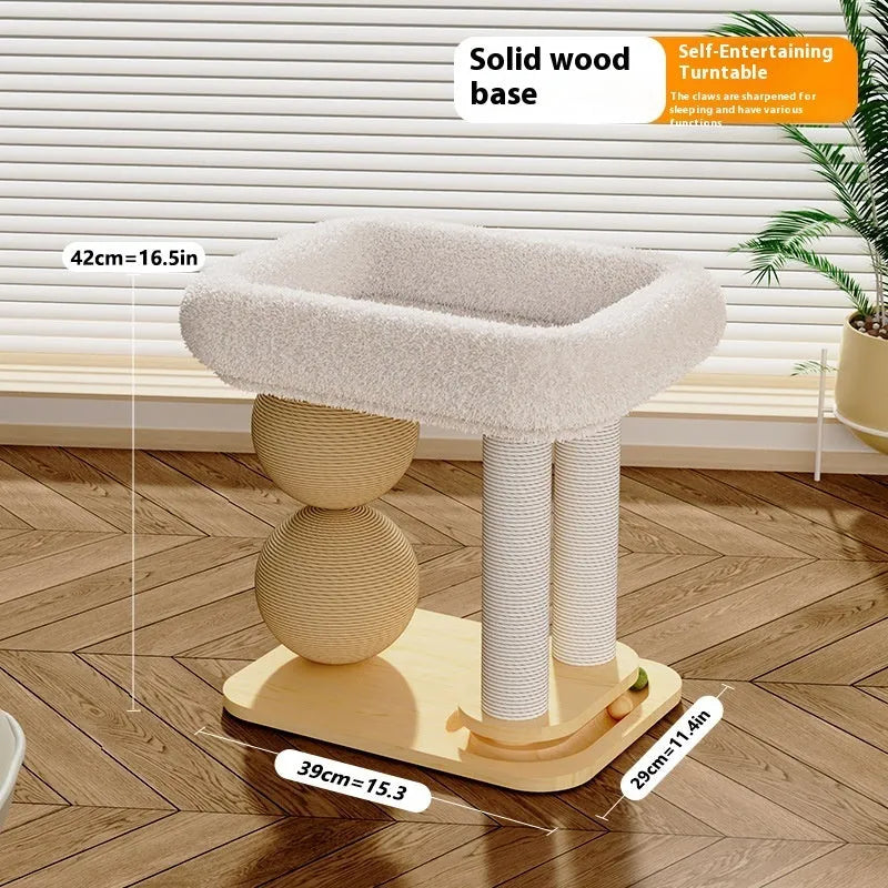 Pine wood cat nest bed with double columns and integrated grasping balls in chamfer, sisal, or summer mat style.