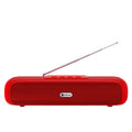 Desktop wireless long strip radio subwoofer in black, blue, red, or silver grey colour options.