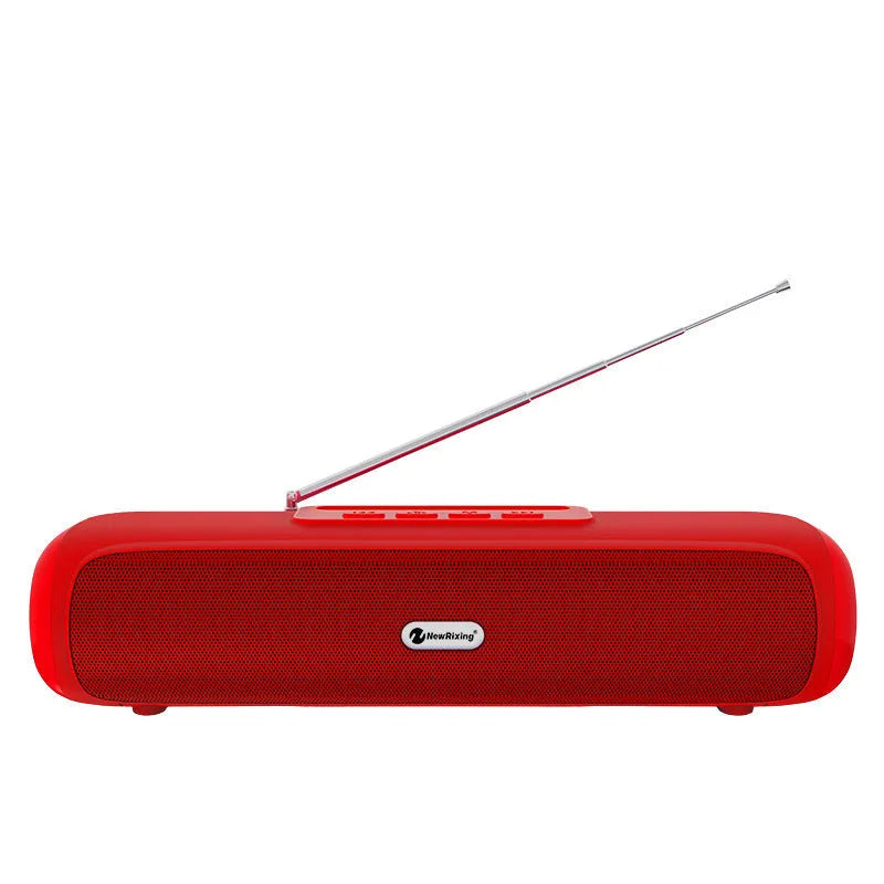Desktop wireless long strip radio subwoofer in black, blue, red, or silver grey colour options.