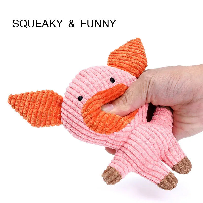 Animal-shaped plush dog chew toys with squeakers in blue, brown, grey, pink, white, and yellow colours