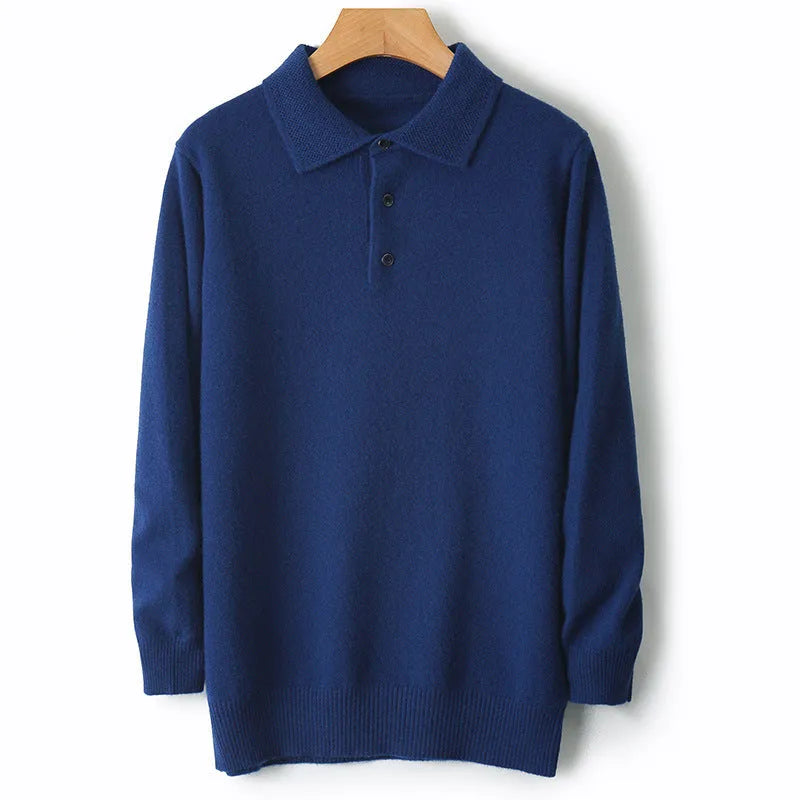 Men's wool polo collar pullover sweater in noble blue, showing long sleeves and knit texture.