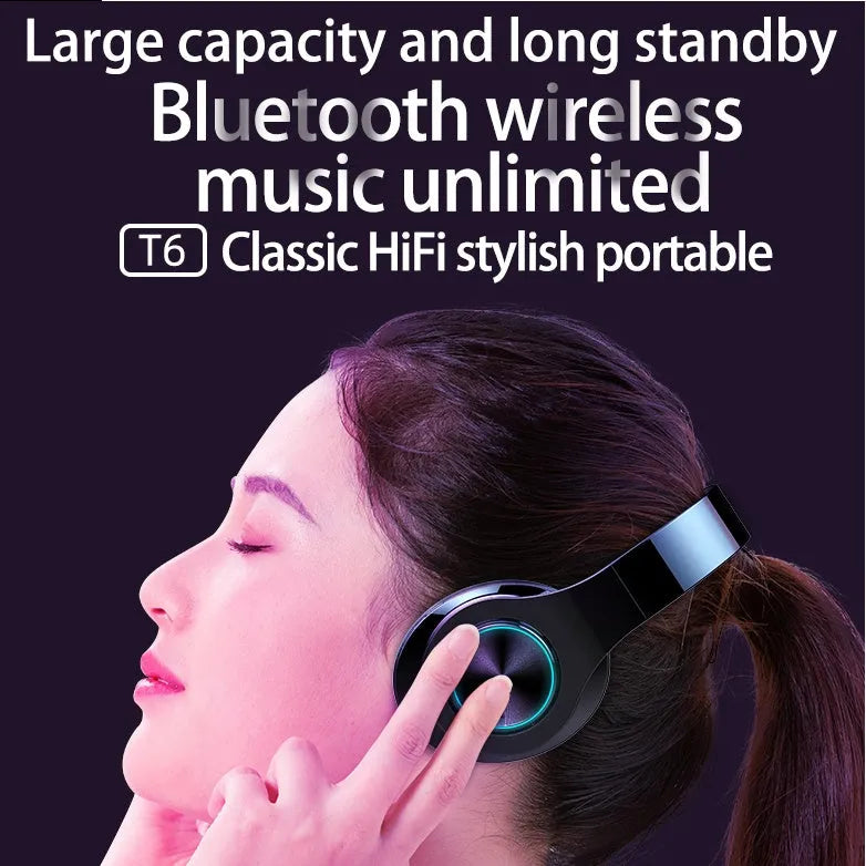 T6 wireless Bluetooth headset for hands-free calls and music with 10-hour battery.