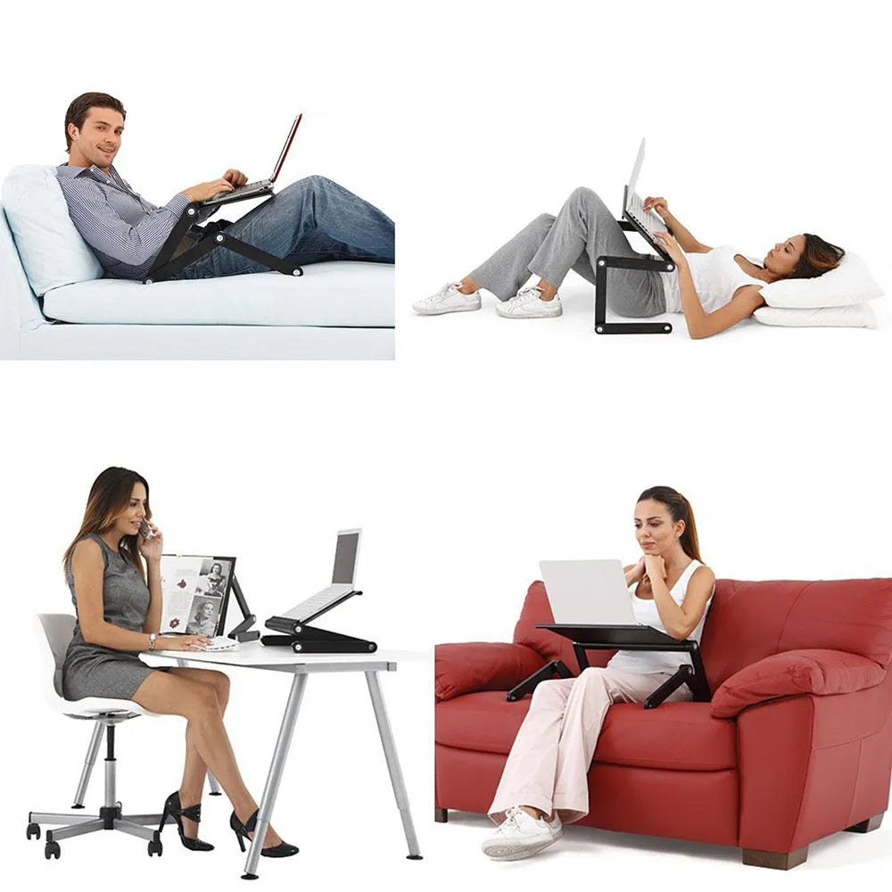 Adjustable laptop table stand in black with mouse panel and built-in USB fan, folding aluminium-magnesium alloy frame, 42 x 26 x 45-49 cm