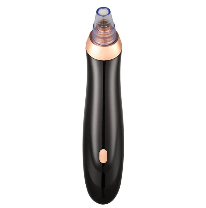 Handheld electric blackhead remover device in black with multiple nozzle attachments.