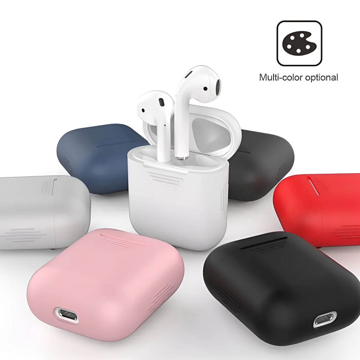 Colour options for a silicone shockproof AirPods case with an antiloss rope attached.