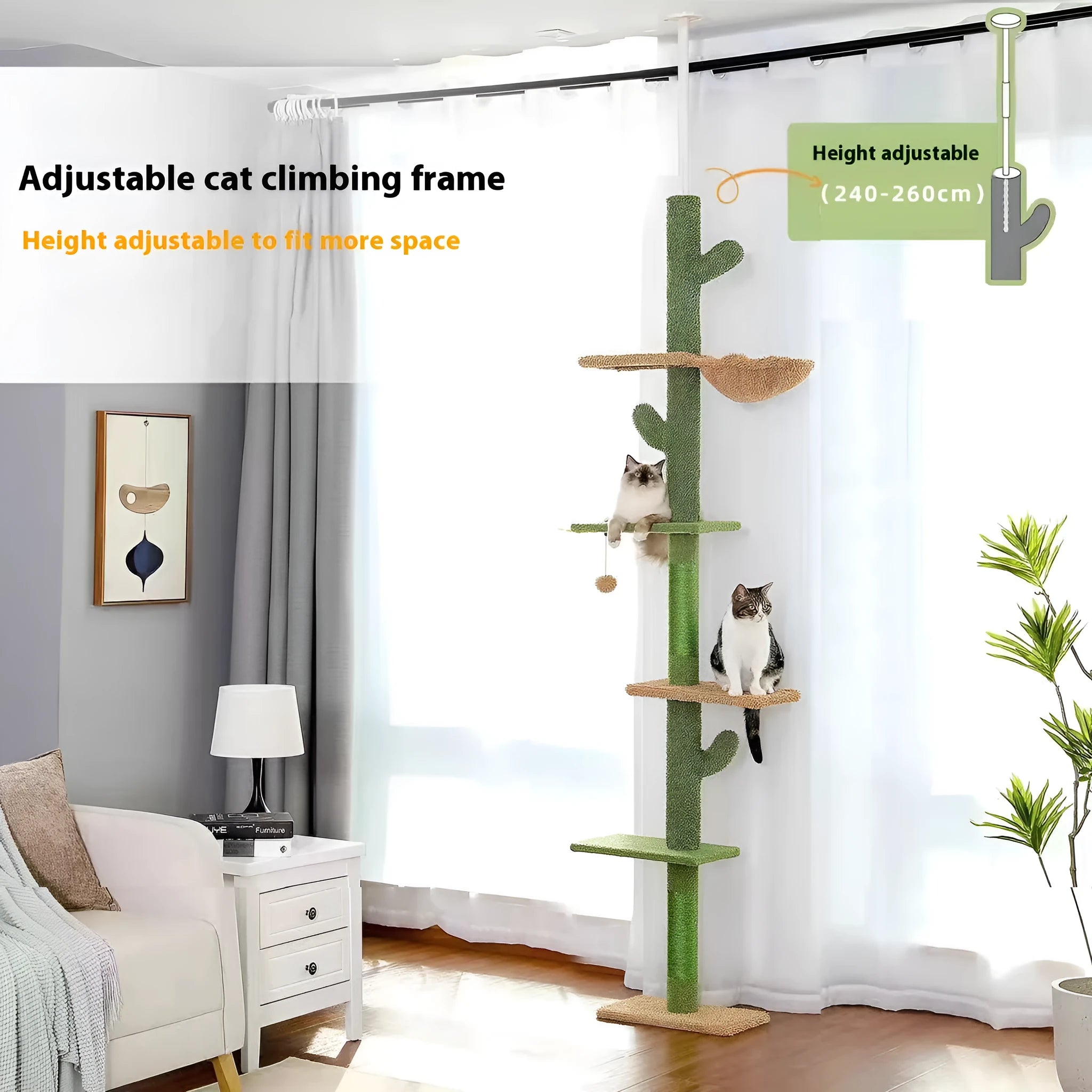 Cactus-themed cat climbing frame with integrated nest and scratch board, solid wood and density plate construction.