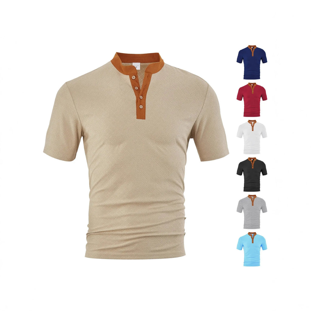 Men's loose fit short sleeve button-up shirt in polyester, available in six colours and sizes S to XXXL.