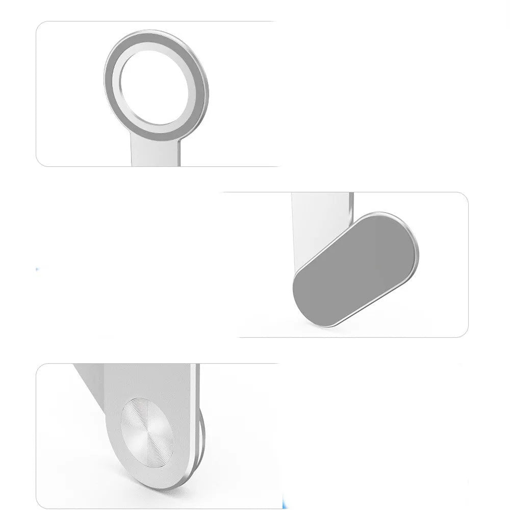 Aluminium alloy magnetic phone holder in metallic silver for desktop use, compatible with Apple 12 and above