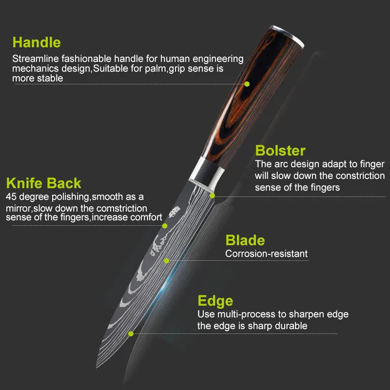 Kitchen knife set with Damascus-pattern stainless steel blades and colour steel handle.