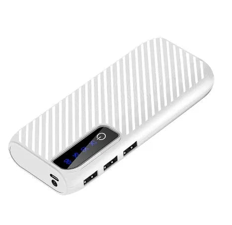 20000mAh mini power bank showing dual USB ports and compact 142mm length design
