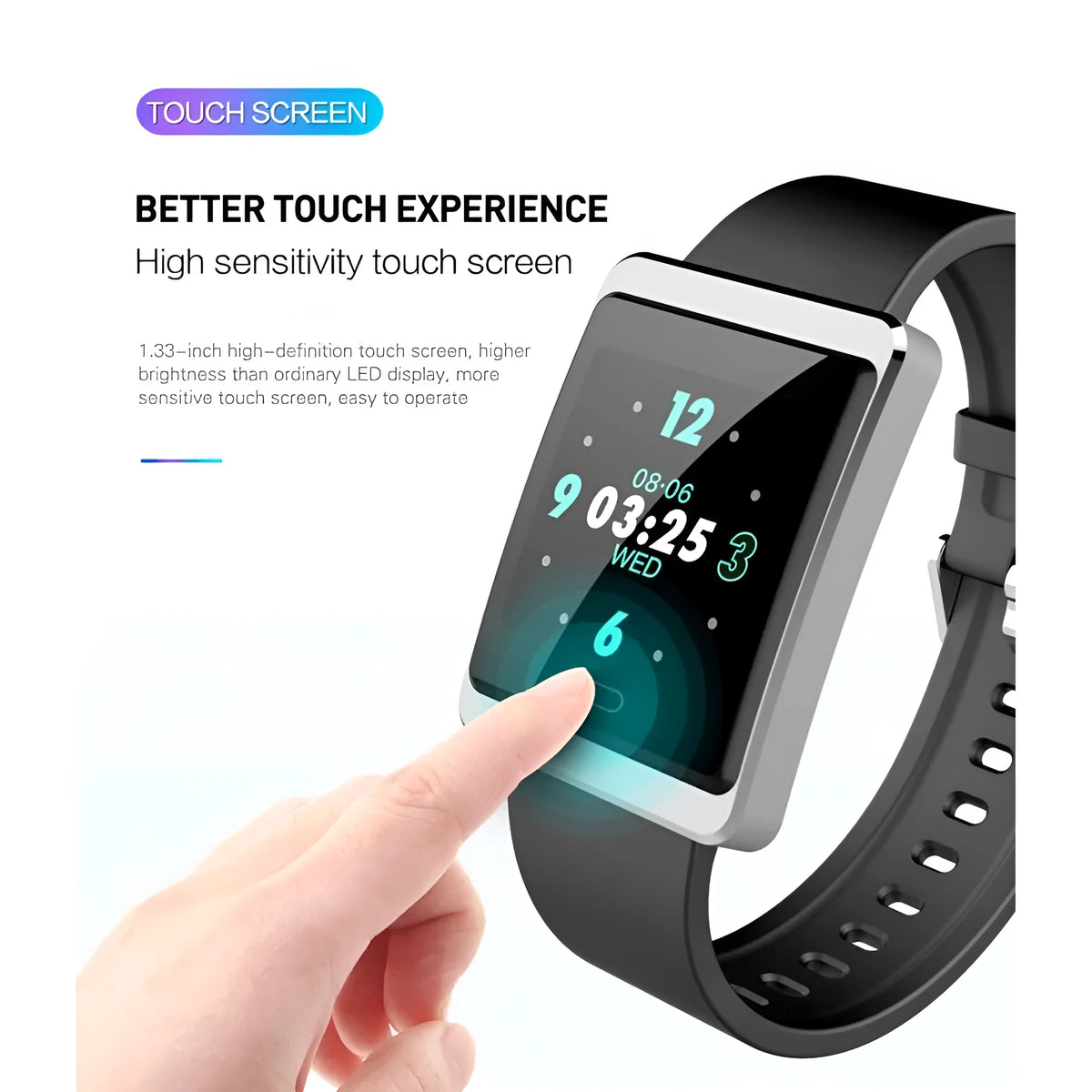 Super Screen smart watch in black with touch operation, health monitoring, motion tracking, 180mAh battery, and 5m to 10m wireless distance.