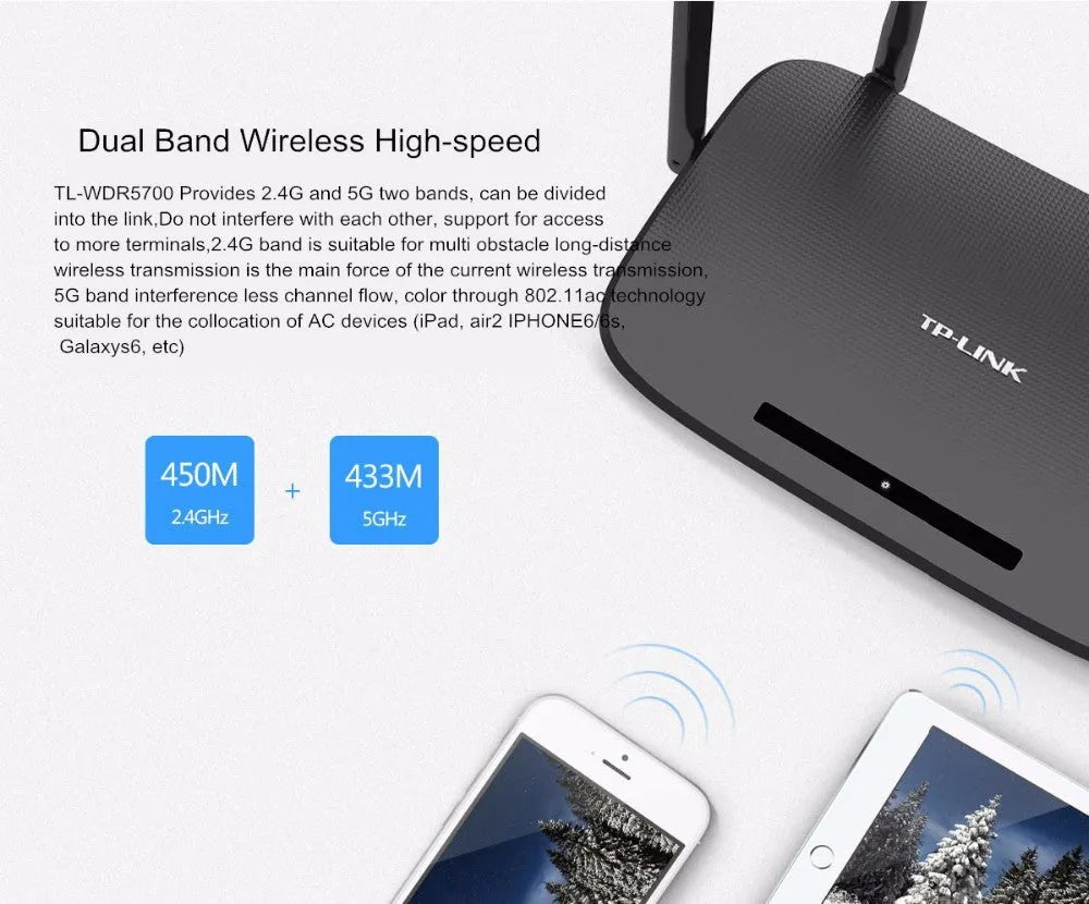 TP-LINK dual band 1200Mbps wireless router, white or black, 230x144x37mm, 1 WAN and 4 LAN ports