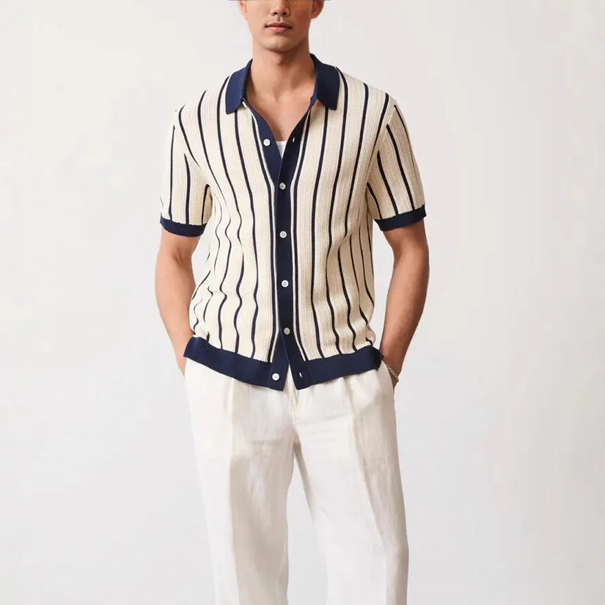 Men's white asymmetric knitted top with short sleeves and lapel neckline in British style