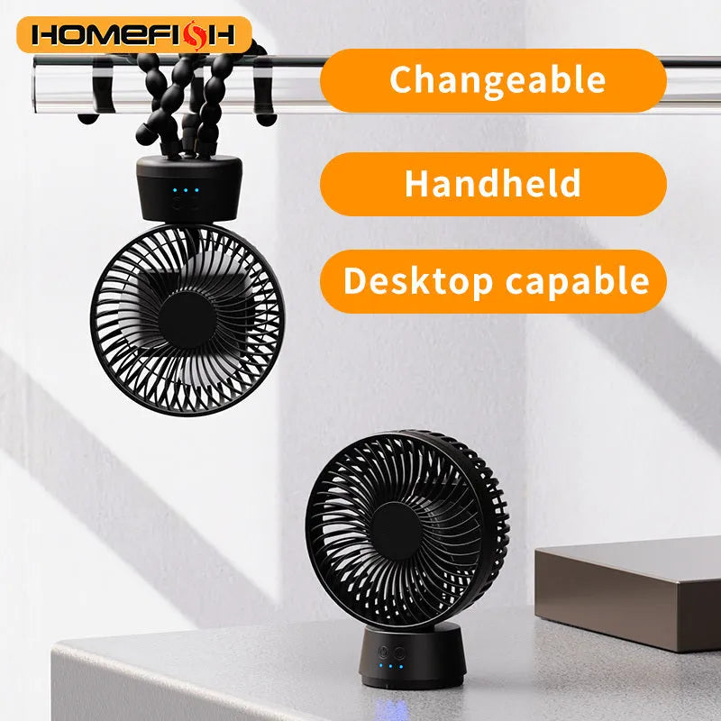 HOMEFISH F2 automatic shake head fan with LED light and removable bracket mounted on a pram